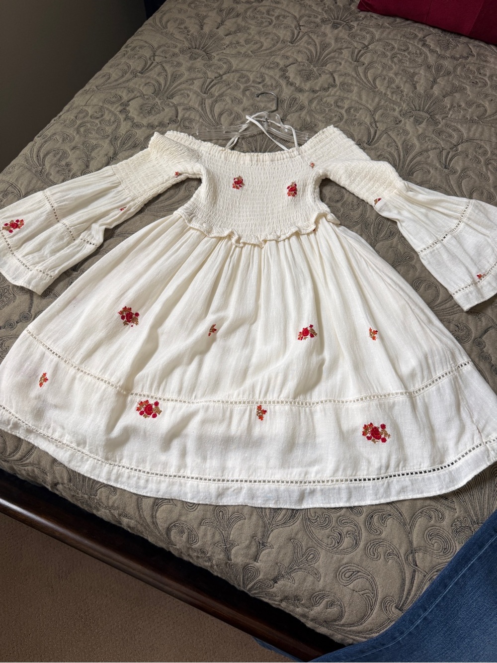 Free People White Dress with Red Floral Embroidery